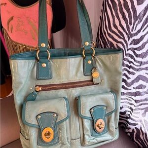 Coach Rare Anniversary Gigi Legacy Tote Teal Turquoise Patent Leather